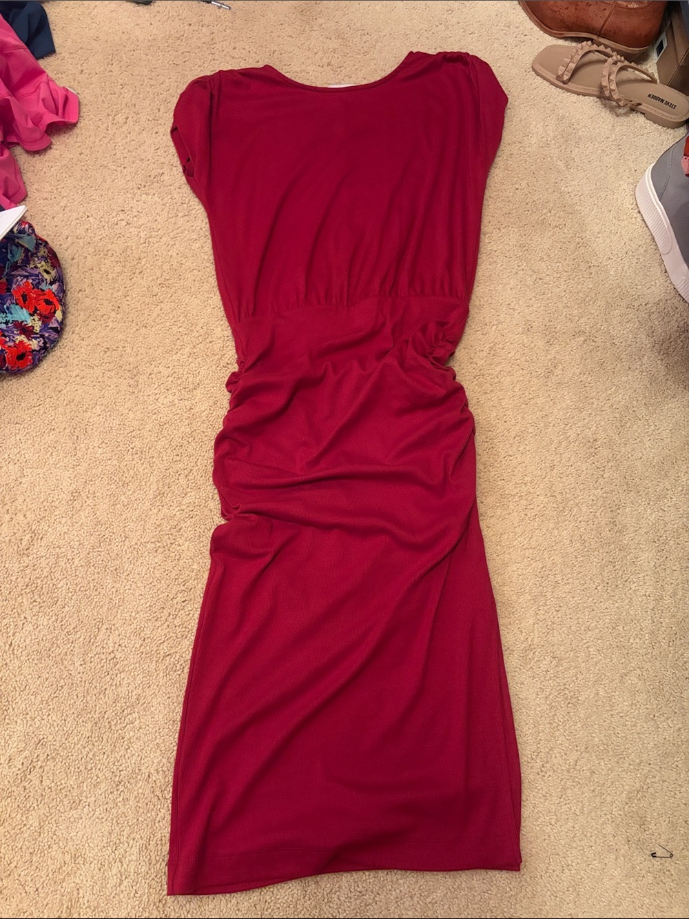 Michael Stars Burgundy Midi Ruched Waist Dress